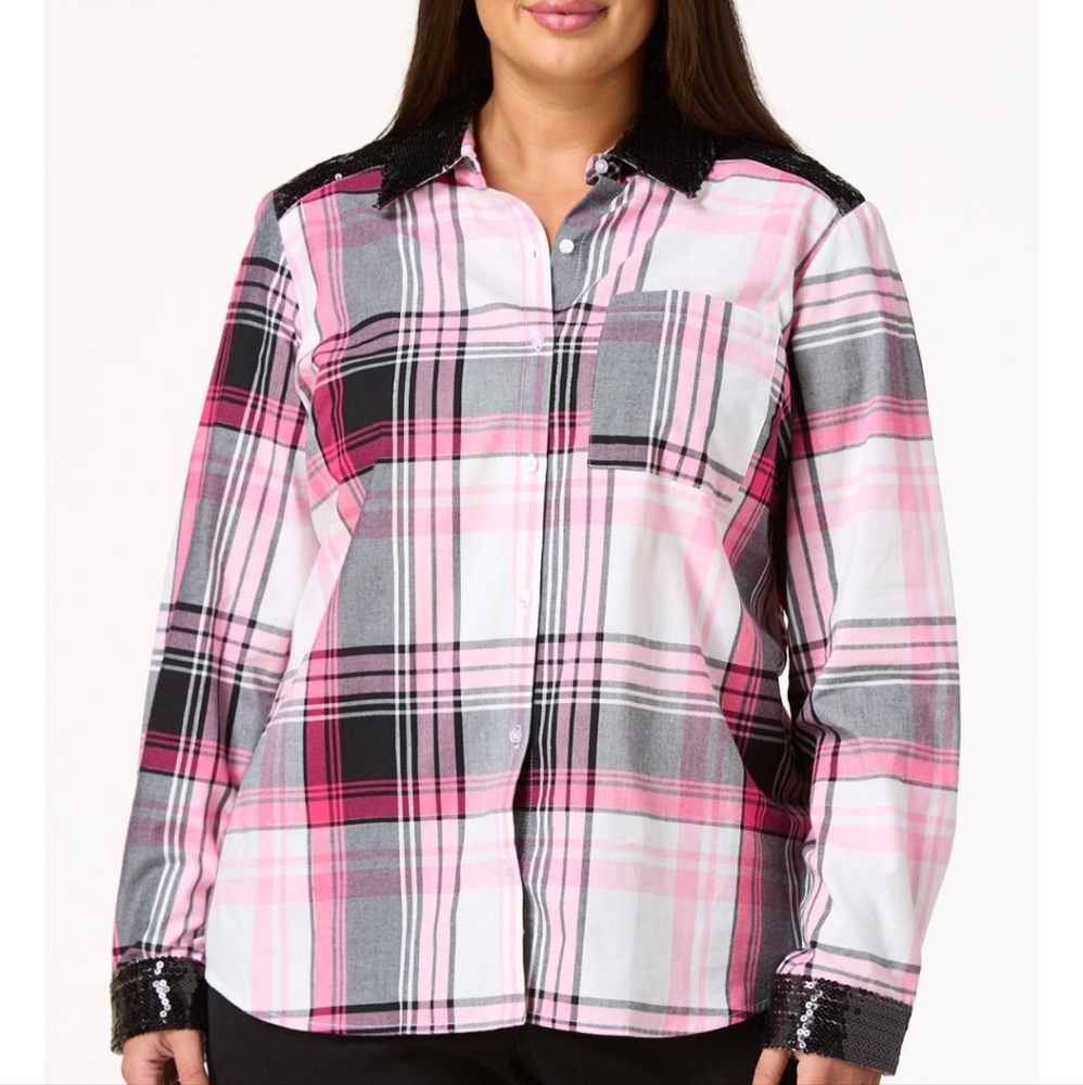 Women's Plaid sequins trim shirt
